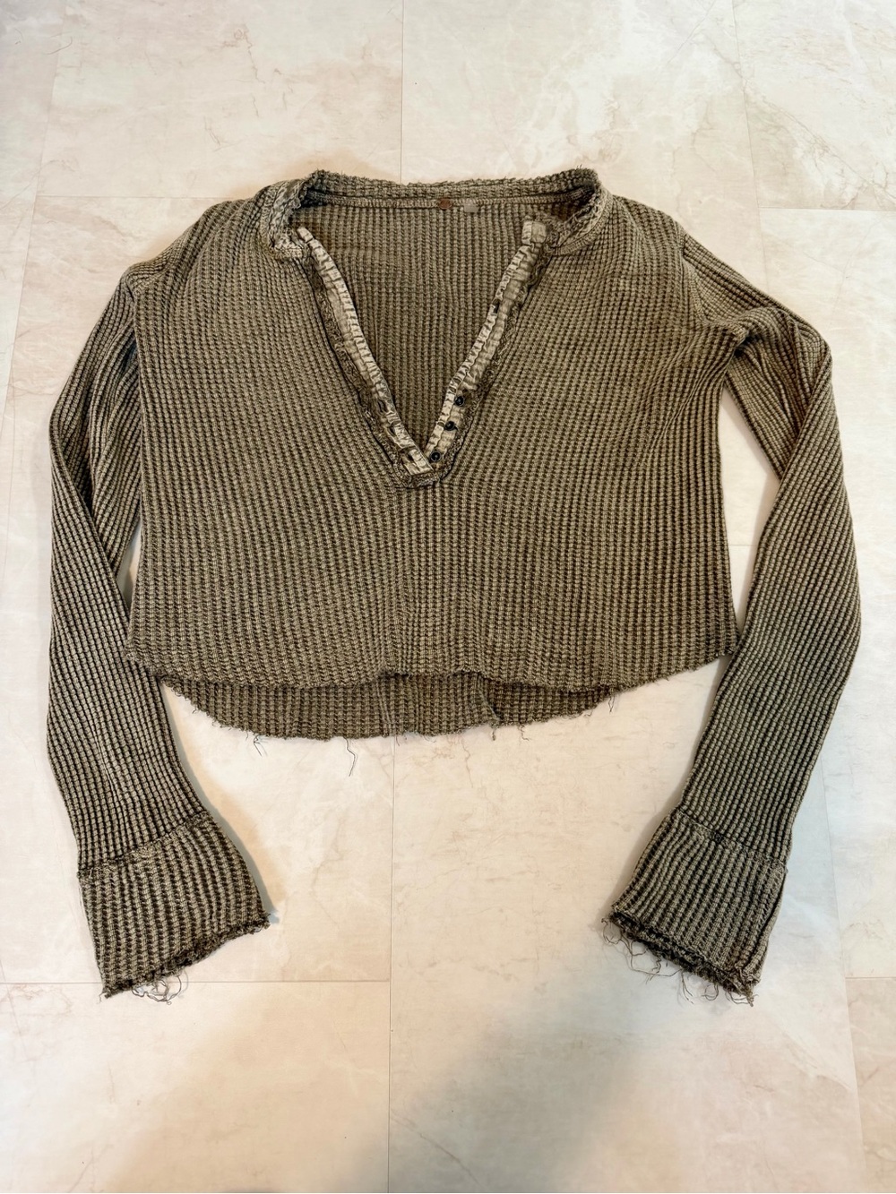 FREE PEOPLE Top FP One Colt Thermal Waffle Henley Long Sleeve Shirt Green